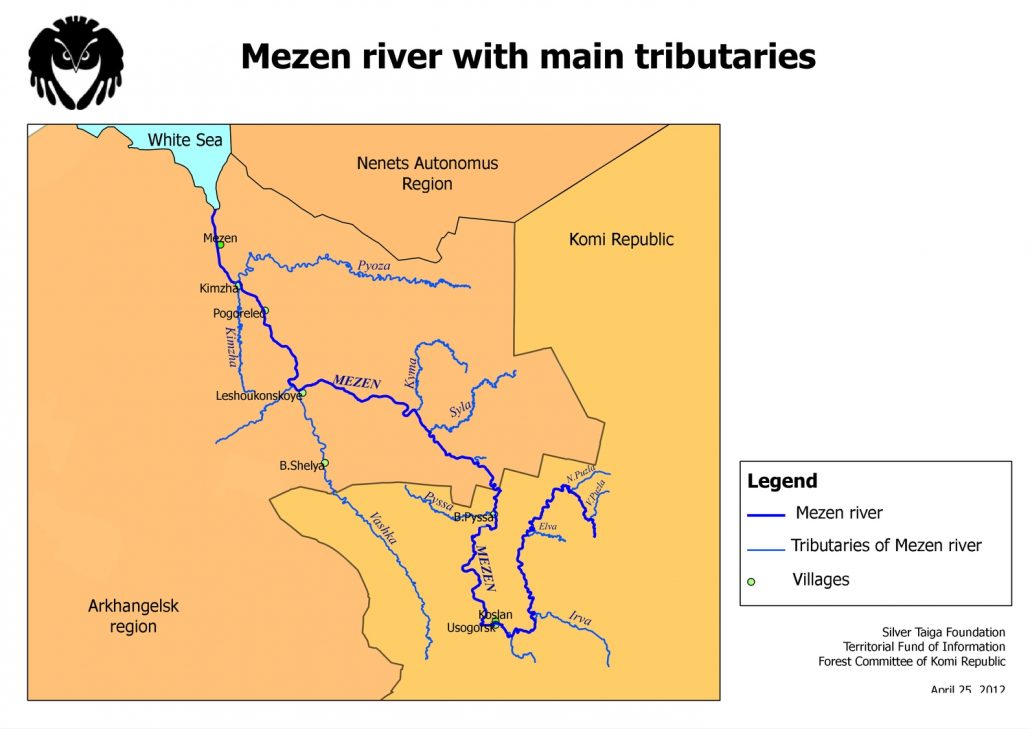 Mezen river with main tributaries